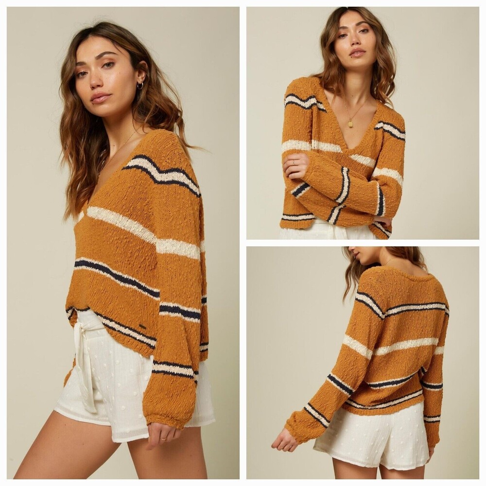 ONeill Shores Knit Sweater Spuce Yellow pullover Slouchy Sweater Medium Beach